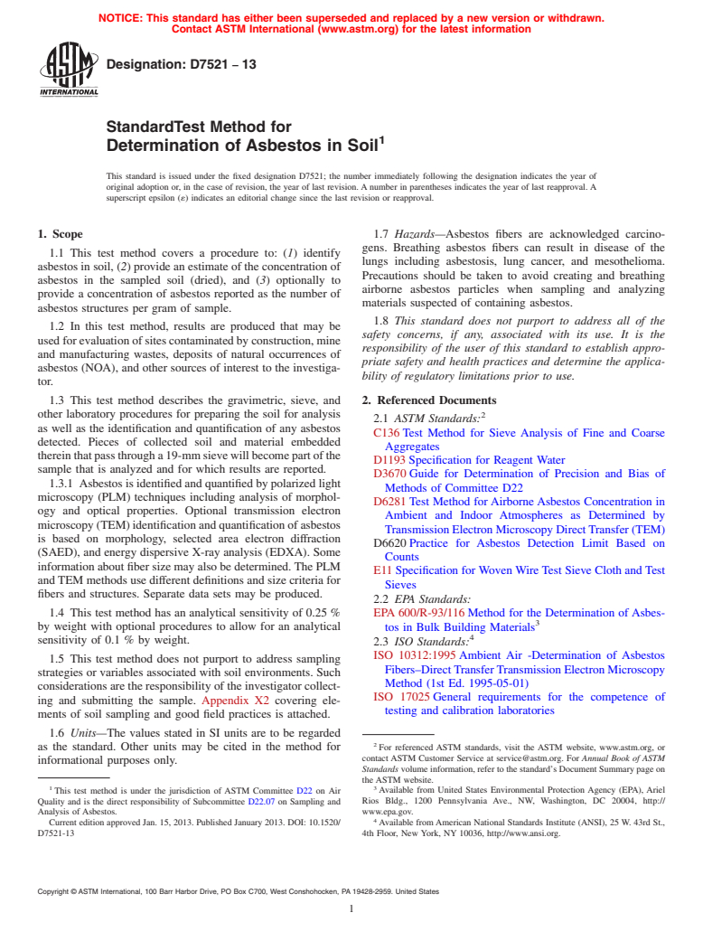 ASTM D7521-13 - Standard Test Method for Determination of Asbestos in Soil