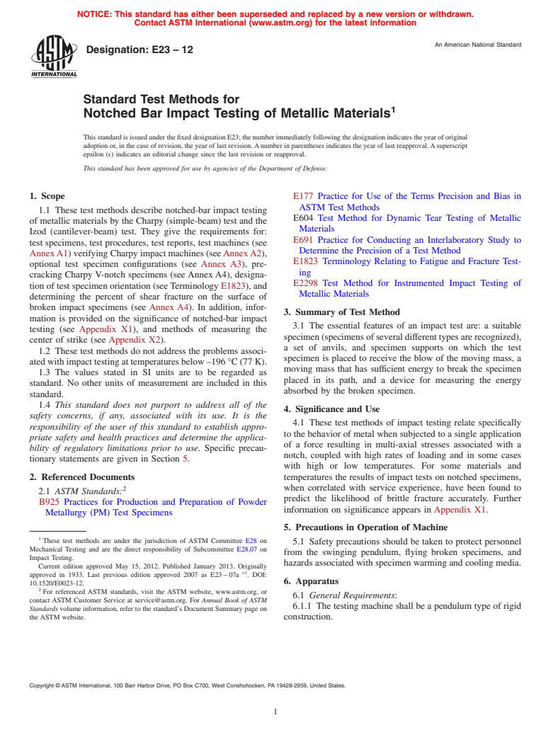 ASTM E23-12 - Standard Test Methods for  Notched Bar Impact Testing of Metallic Materials