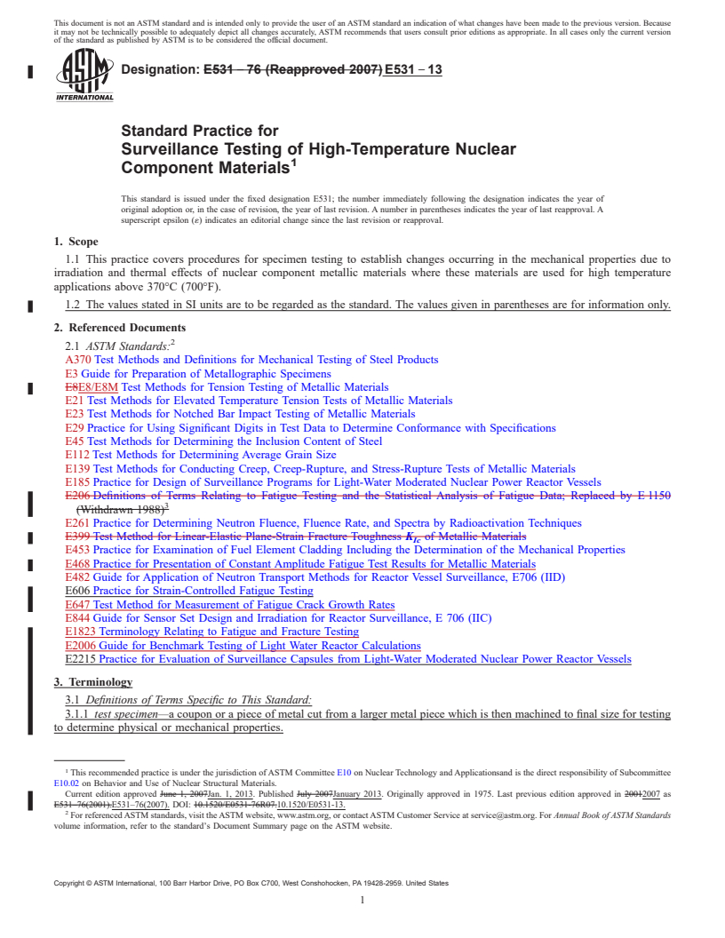 REDLINE ASTM E531-13 - Standard Practice for Surveillance Testing of High-Temperature Nuclear Component Materials (Withdrawn 2022)