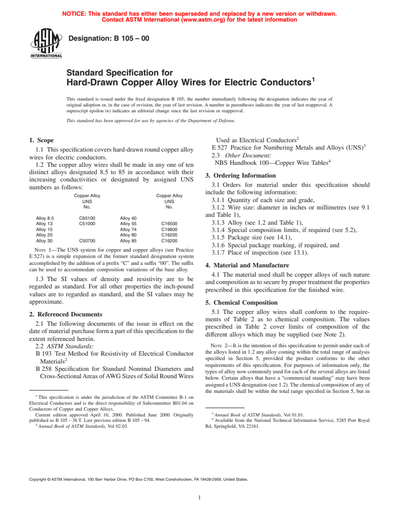 ASTM B105-00 - Standard Specification for Hard-Drawn Copper Alloy Wires for Electric Conductors