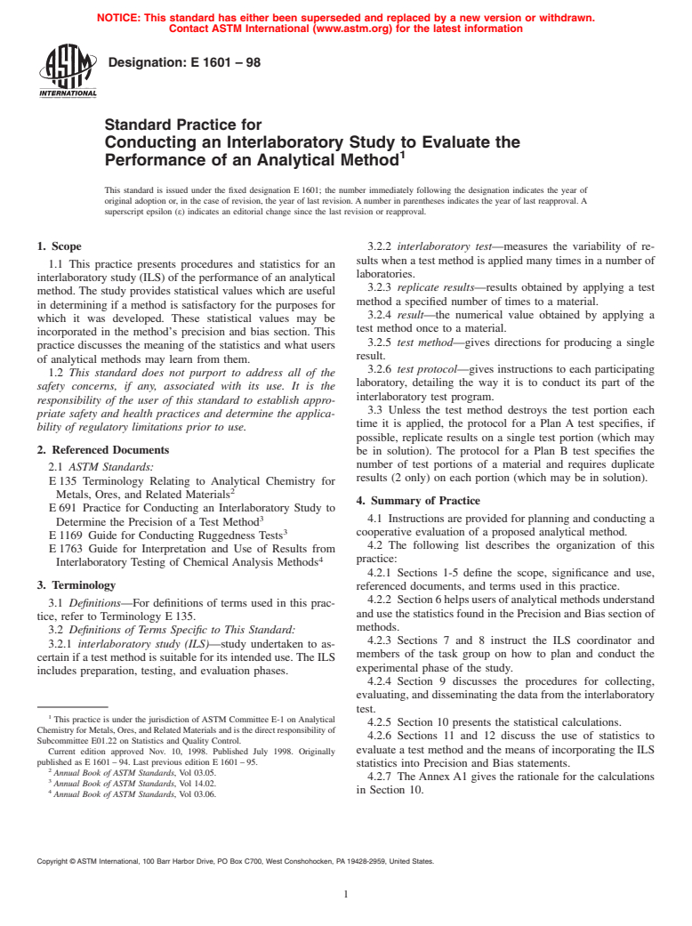 ASTM E1601-98 - Standard Practice for Conducting an Interlaboratory Study to Evaluate the Performance of an Analytical Method