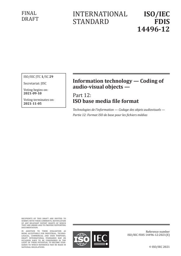 ISO/IEC FDIS 14496-12 - Information technology -- Coding of audio-visual objects