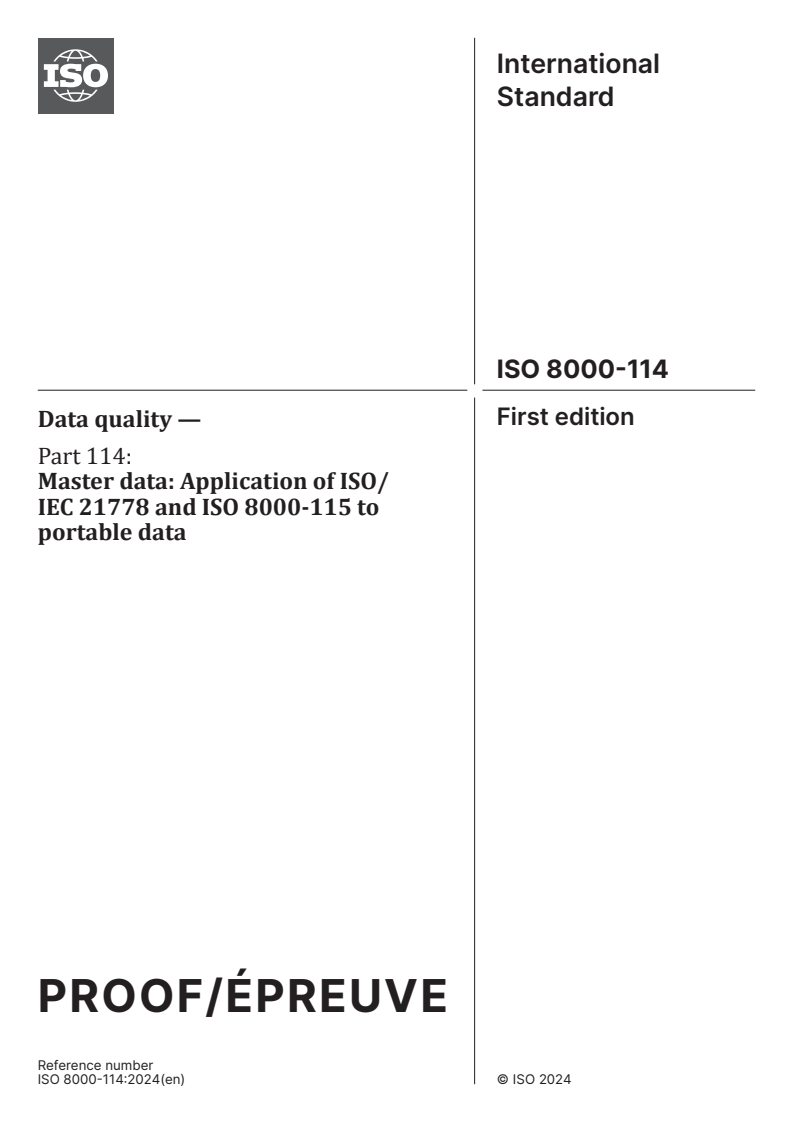 ISO/PRF 8000-114 - Data quality — Part 114: Master data: Application of ISO/IEC 21778 and ISO 8000-115 to portable data
Released:5. 01. 2024