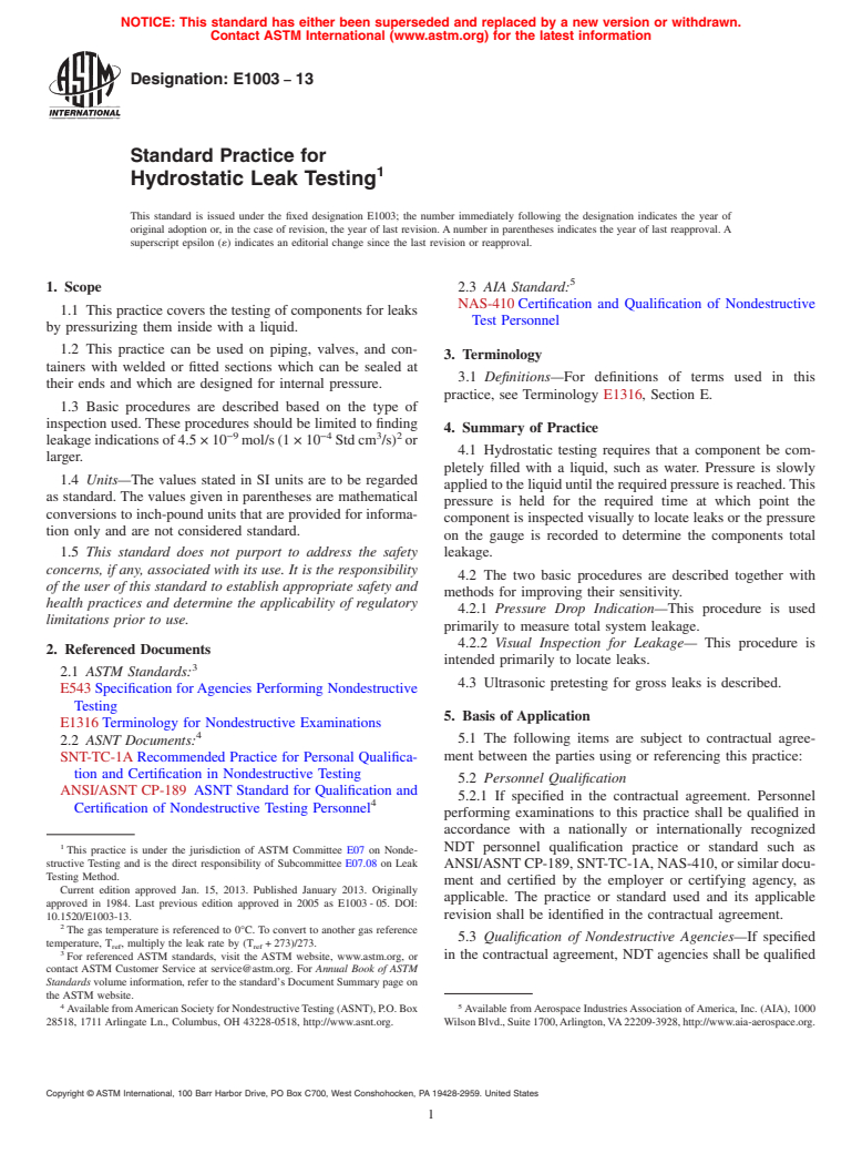 ASTM E1003-13 - Standard Practice for Hydrostatic Leak Testing