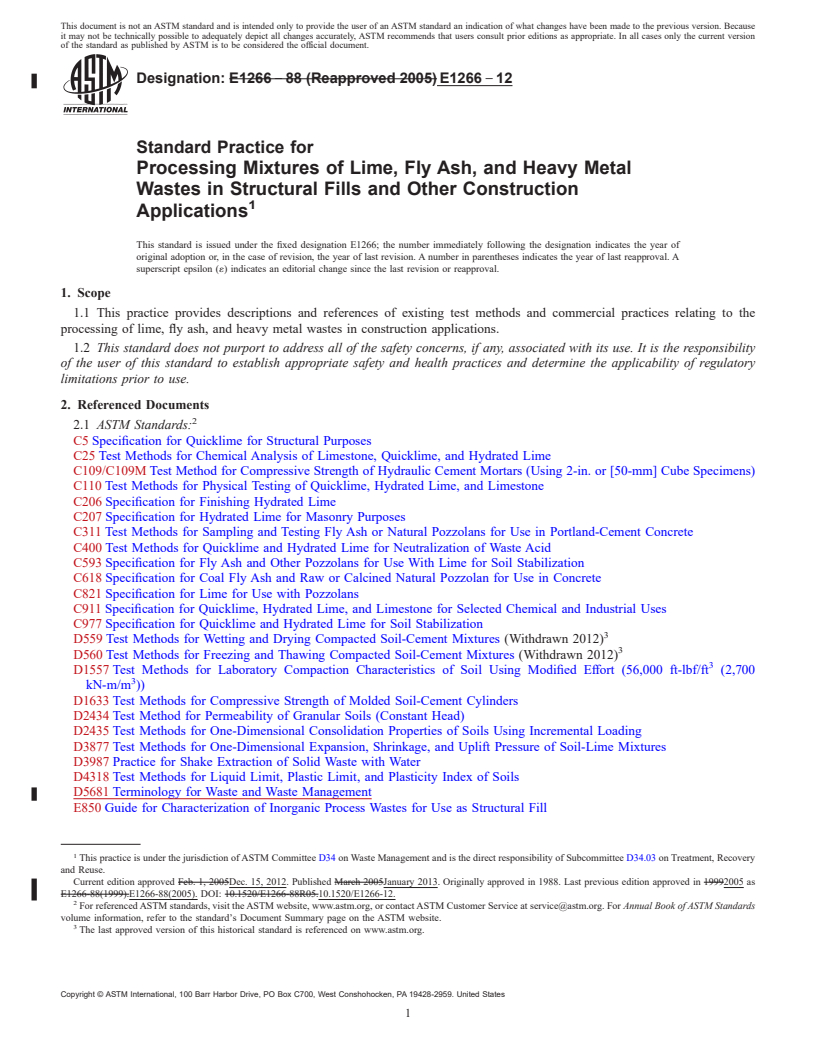 REDLINE ASTM E1266-12 - Standard Practice for  Processing Mixtures of Lime, Fly Ash, and Heavy Metal Wastes  in Structural Fills and Other Construction Applications