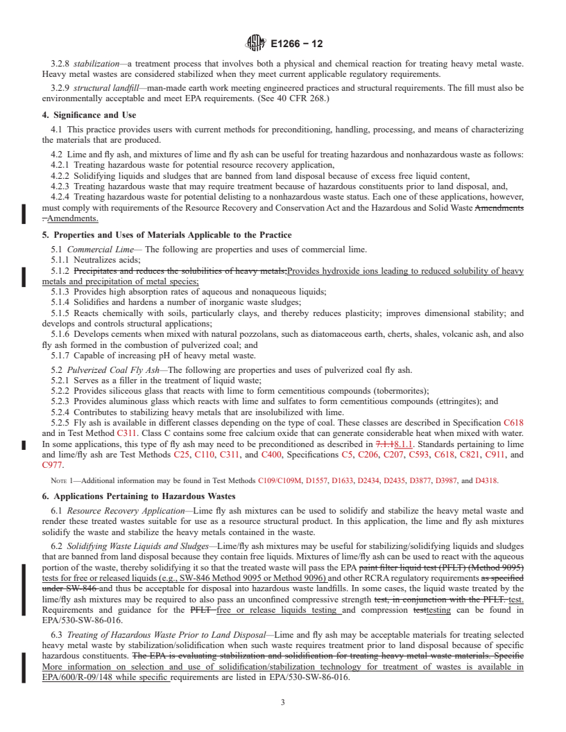 REDLINE ASTM E1266-12 - Standard Practice for  Processing Mixtures of Lime, Fly Ash, and Heavy Metal Wastes  in Structural Fills and Other Construction Applications