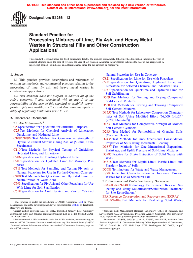 ASTM E1266-12 - Standard Practice for  Processing Mixtures of Lime, Fly Ash, and Heavy Metal Wastes  in Structural Fills and Other Construction Applications