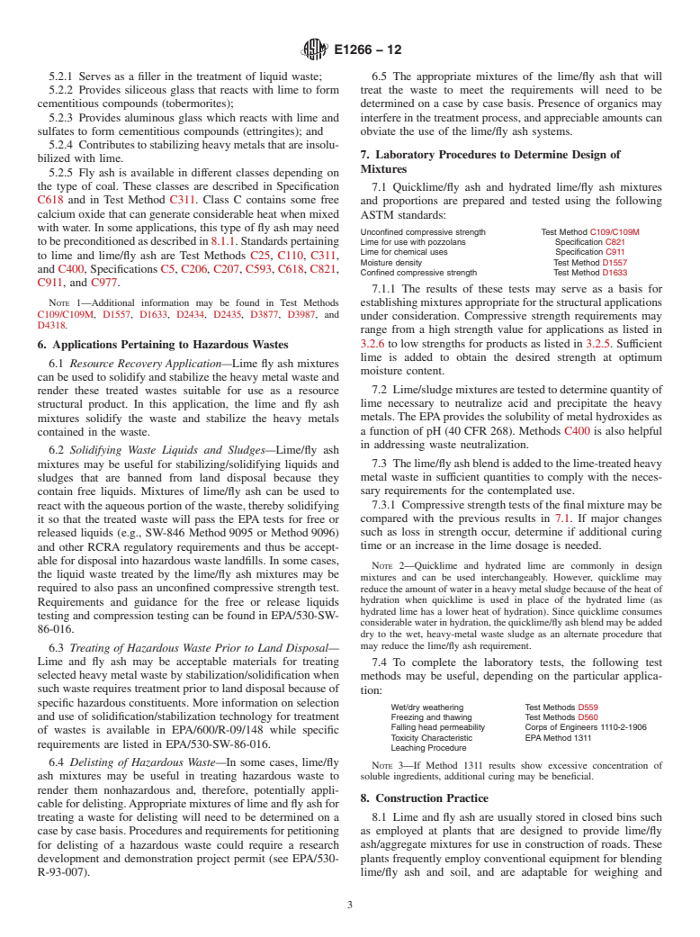 ASTM E1266-12 - Standard Practice for  Processing Mixtures of Lime, Fly Ash, and Heavy Metal Wastes  in Structural Fills and Other Construction Applications