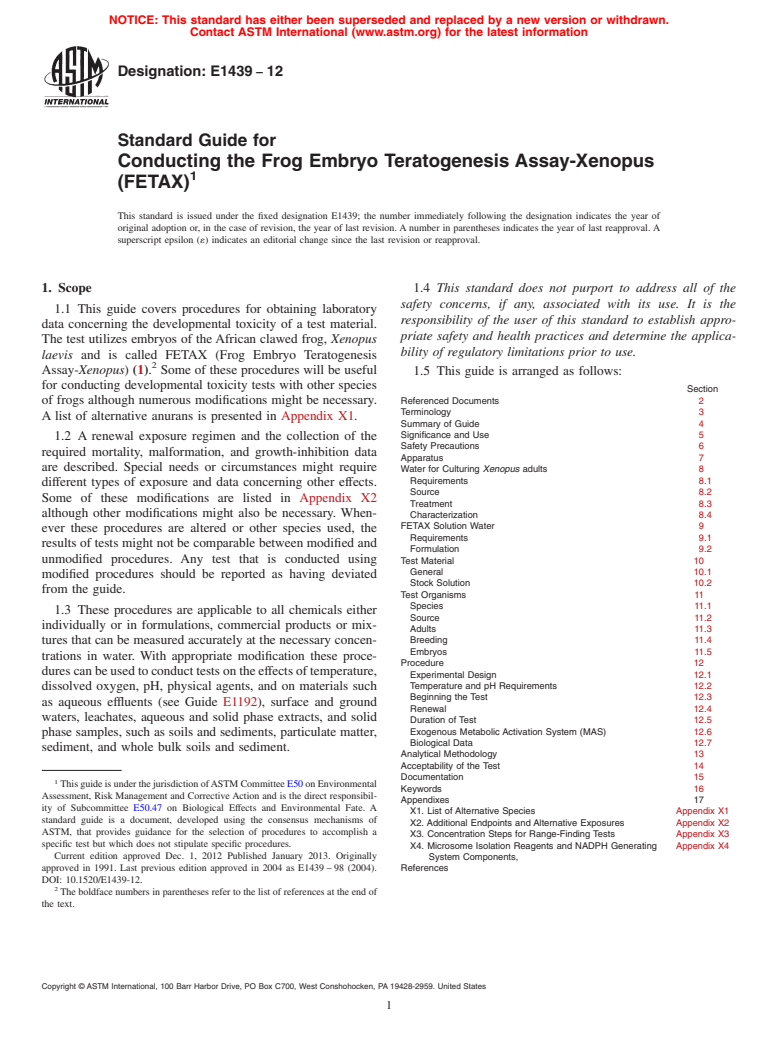 ASTM E1439-12 - Standard Guide for Conducting the Frog Embryo Teratogenesis Assay-Xenopus (FETAX)