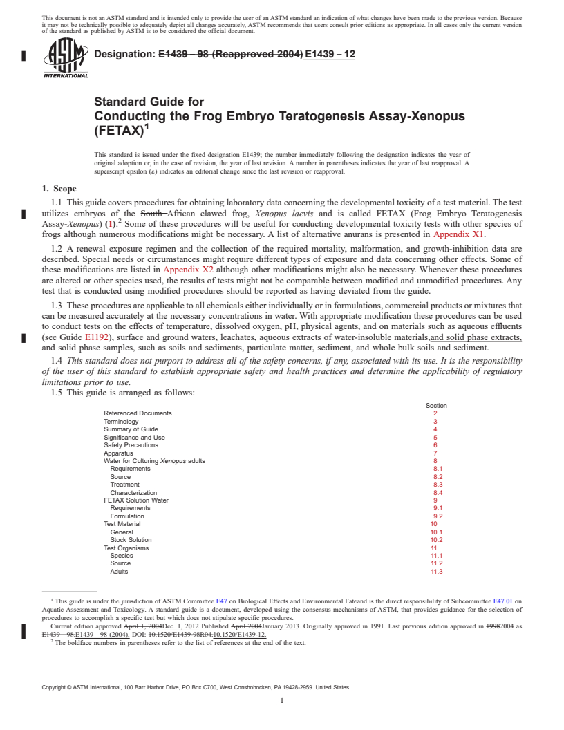 REDLINE ASTM E1439-12 - Standard Guide for Conducting the Frog Embryo Teratogenesis Assay-Xenopus (FETAX)