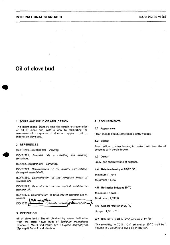 ISO 3142:1974 - Oil of clove bud