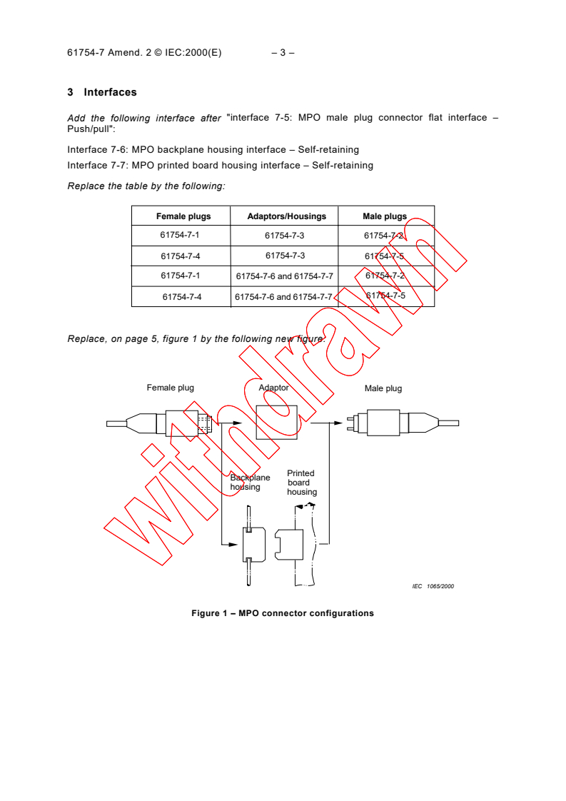 IEC 61754-7:1996/AMD2:2000 - Amendment 2 - Fibre optic connector interfaces - Part 7: Type MPO connector family
Released:7/31/2000
Isbn:2831853338