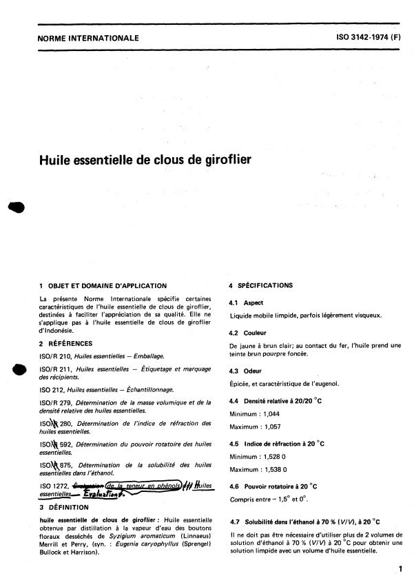 ISO 3142:1974 - Huile essentielle de clous de giroflier