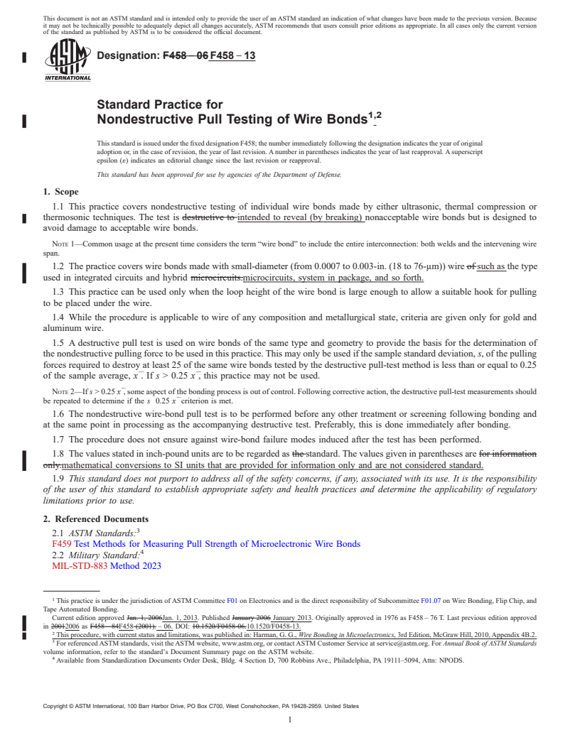 REDLINE ASTM F458-13 - Standard Practice for Nondestructive Pull Testing of Wire Bonds1,2