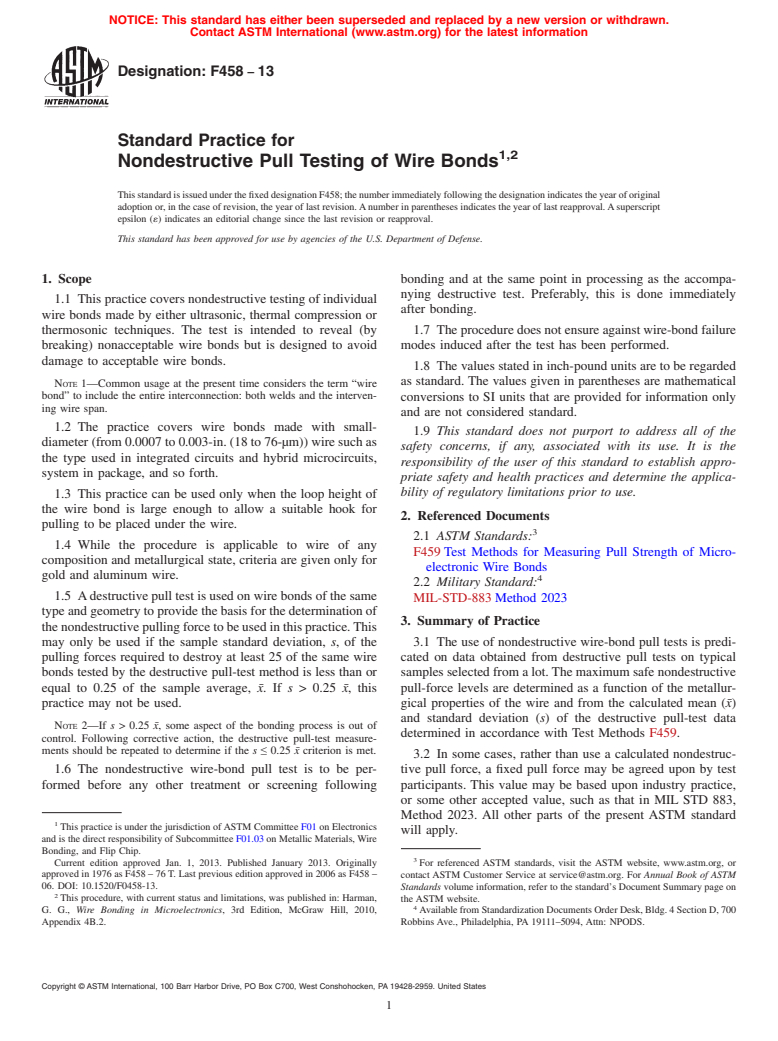 ASTM F458-13 - Standard Practice for Nondestructive Pull Testing of Wire Bonds1,2