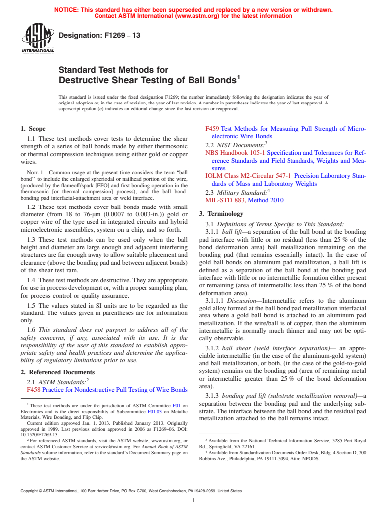 ASTM F1269-13 - Standard Test Methods for Destructive Shear Testing of Ball Bonds