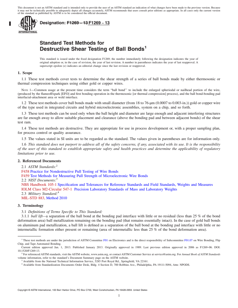 REDLINE ASTM F1269-13 - Standard Test Methods for Destructive Shear Testing of Ball Bonds