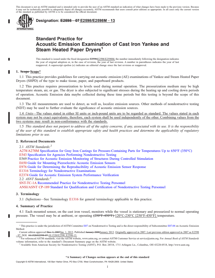 REDLINE ASTM E2598/E2598M-13 - Standard Practice for Acoustic Emission Examination of Cast Iron Yankee and Steam  Heated Paper Dryers