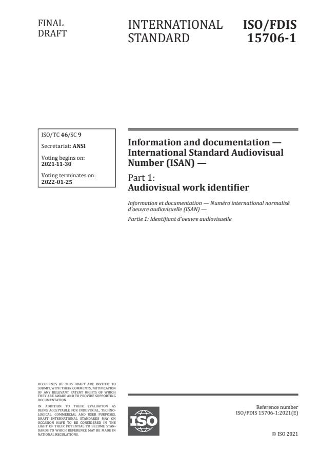 ISO/FDIS 15706-1 - Information and documentation -- International Standard Audiovisual Number (ISAN)