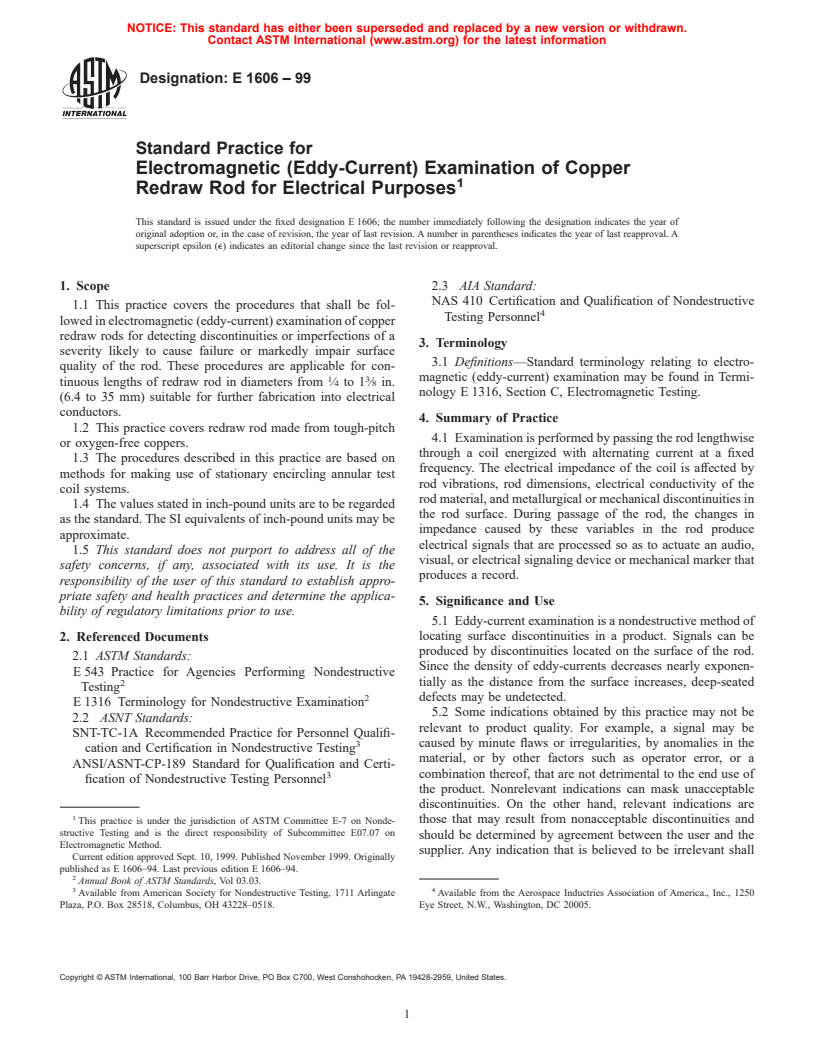 ASTM E1606-99 - Standard Practice for Electromagnetic (Eddy-Current) Examination of Copper Redraw Rod for Electrical Purposes