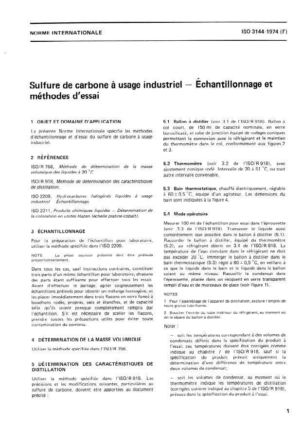 ISO 3144:1974 - Sulfure de carbone a usage industriel -- Échantillonnage et méthodes d'essai