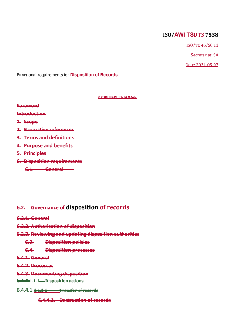 REDLINE ISO/DTS 7538 - Functional requirements for disposition of records
Released:7. 05. 2024