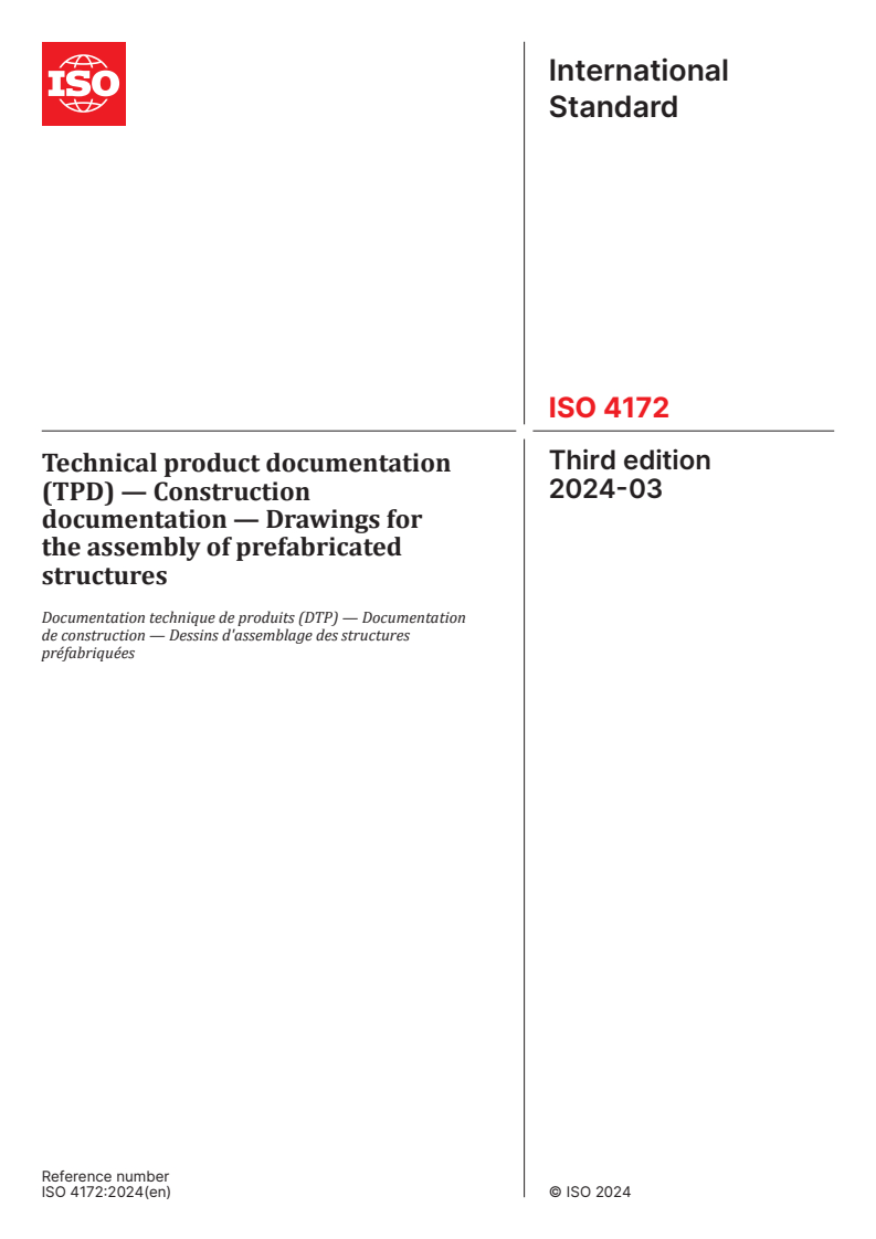 ISO 4172:2024 - Technical product documentation (TPD) — Construction documentation — Drawings for the assembly of prefabricated structures
Released:7. 03. 2024