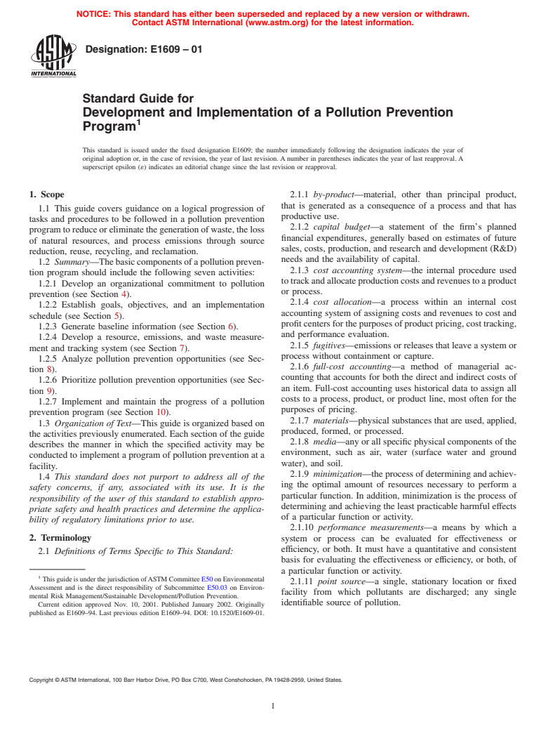 ASTM E1609-01 - Standard Guide for Development and Implementation of a Pollution Prevention Program (Withdrawn 2010)