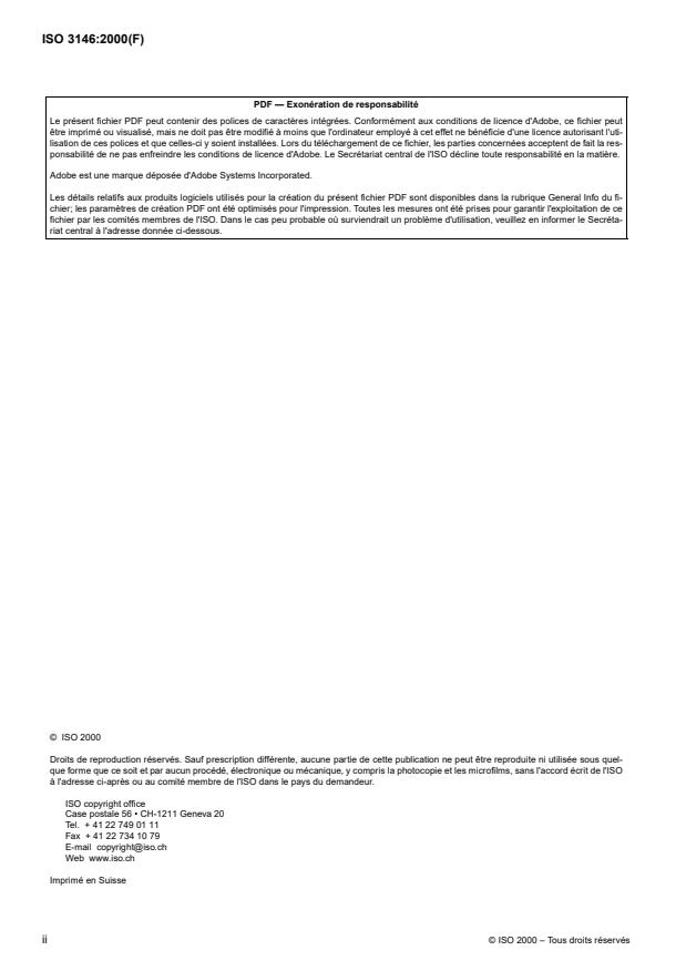 ISO 3146:2000 ISO 3146:2000 - Plastiques -- Détermination du comportement a la fusion (température de fusion ou plage de températures de fusion) des polymeres semi-cristallins par méthodes du tube capillaire et du microscope polarisant - Page 2 preview