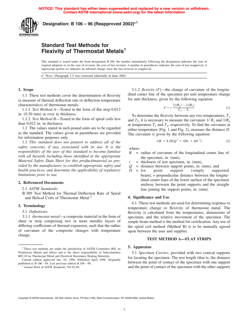 ASTM B106-96(2002)e1 - Standard Test Methods for Flexivity of Thermostat Metals