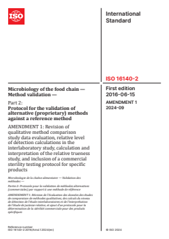 ISO 16140-2:2016/Amd 1:2024 ISO 16140-2:2016/Amd 1:2024 - Microbiology of the food chain — Method validation — Part 2: Protocol for the validation of alternative (proprietary) methods against a reference method — Amendment 1: Revision of qualitative method comparison study data evaluation, relative level of detection calculations in the interlaboratory study, calculation and interpretation of the relative trueness study, and inclusion of a commercial sterility testing protocol for specific products
Released:3. 09. 2024 - Page 1 preview