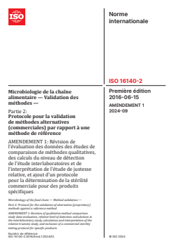 ISO 16140-2:2016/Amd 1:2024 ISO 16140-2:2016/Amd 1:2024 - Microbiologie de la chaîne alimentaire — Validation des méthodes — Partie 2: Protocole pour la validation de méthodes alternatives (commerciales) par rapport à une méthode de référence — Amendement 1: Révision de l’évaluation des données des études de comparaison de méthodes qualitatives, des calculs du niveau de détection de l'étude interlaboratoires et de l’interprétation de l’étude de justesse relative, et ajout d’un protocole pour la détermination de la stérilité commerciale pour des produits spécifiques
Released:3. 09. 2024 - Page 1 preview