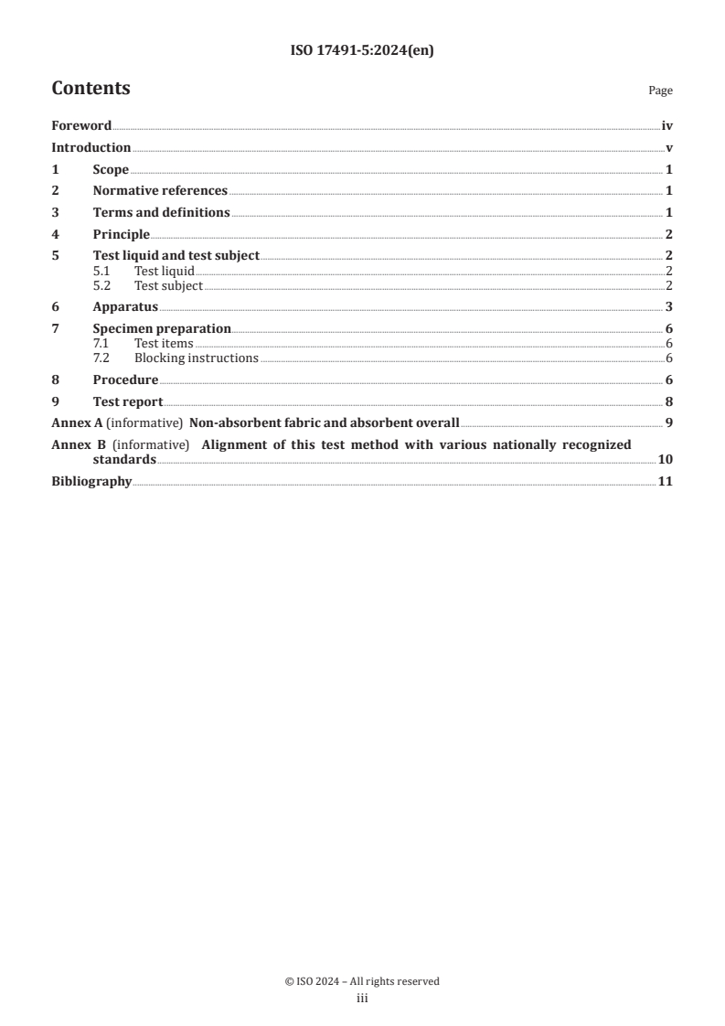 ISO 17491-5:2024 - Protective clothing — Test methods for clothing providing protection against chemicals — Part 5: Determination of resistance to penetration by a spray of liquid (manikin spray test)
Released:18. 07. 2024