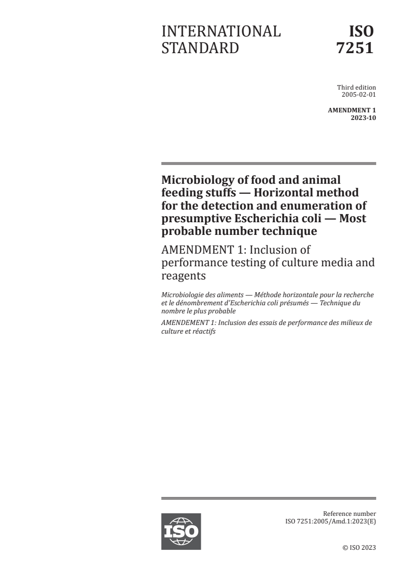 ISO 7251:2005/Amd 1:2023 - Microbiology of food and animal feeding stuffs — Horizontal method for the detection and enumeration of presumptive Escherichia coli — Most probable number technique — Amendment 1: Inclusion of performance testing of culture media and reagents
Released:12. 10. 2023