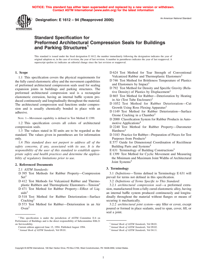 ASTM E1612-94(2000) - Standard Specification for Preformed Architectural Compression Seals for Buildings and Parking Structures