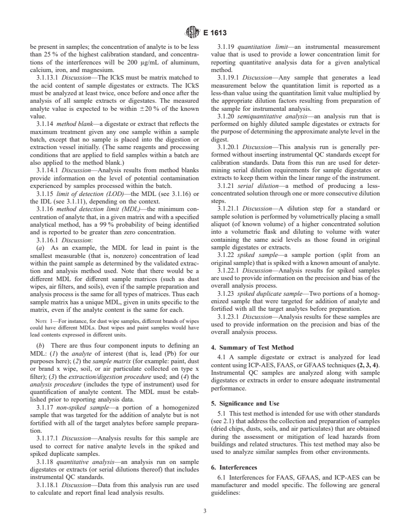 ASTM E1613-99 - Standard Test Method for Determination of Lead by Inductively Coupled Plasma Atomic Emission Spectrometry (ICP-AES), Flame Atomic Absorption Spectrometry (FAAS), or Graphite Furnace Atomic Absorption Spectrometry (GFAAS) Techniques