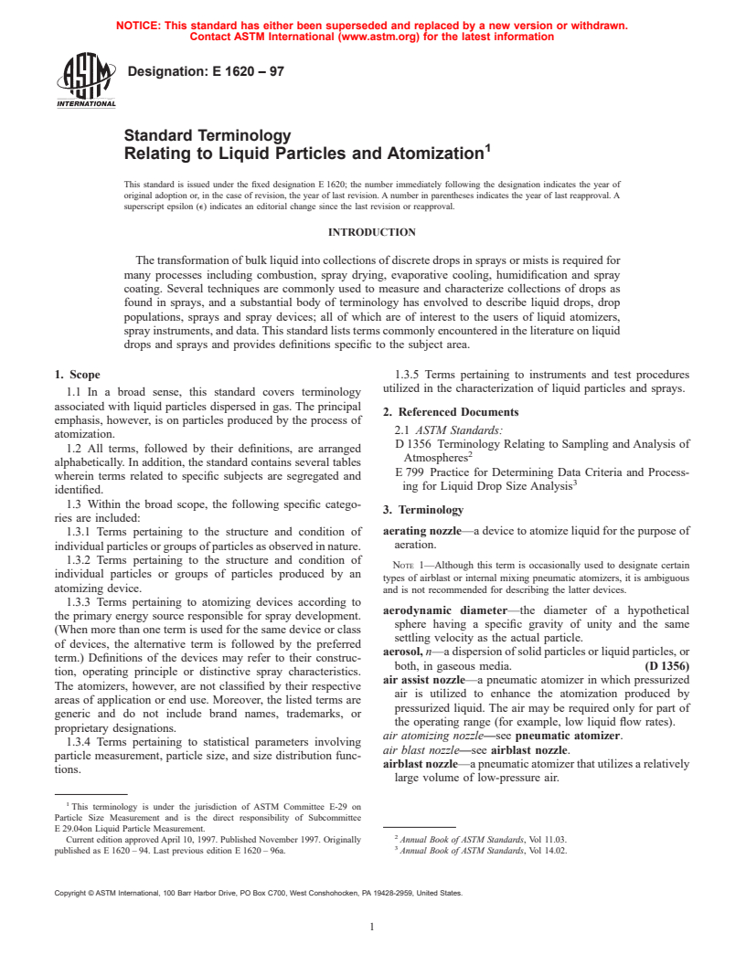 ASTM E1620-97 - Standard Terminology Relating to Liquid Particles and Atomization