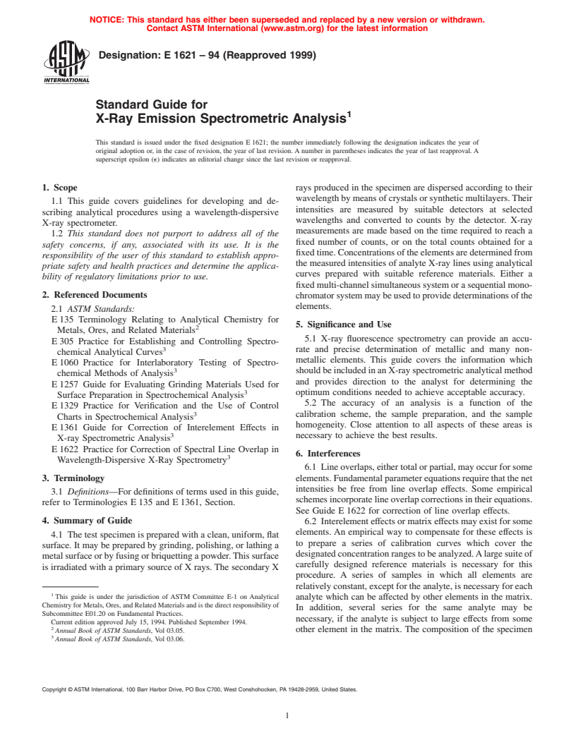 ASTM E1621-94(1999) - Standard Guide for X-Ray Emission Spectrometric Analysis