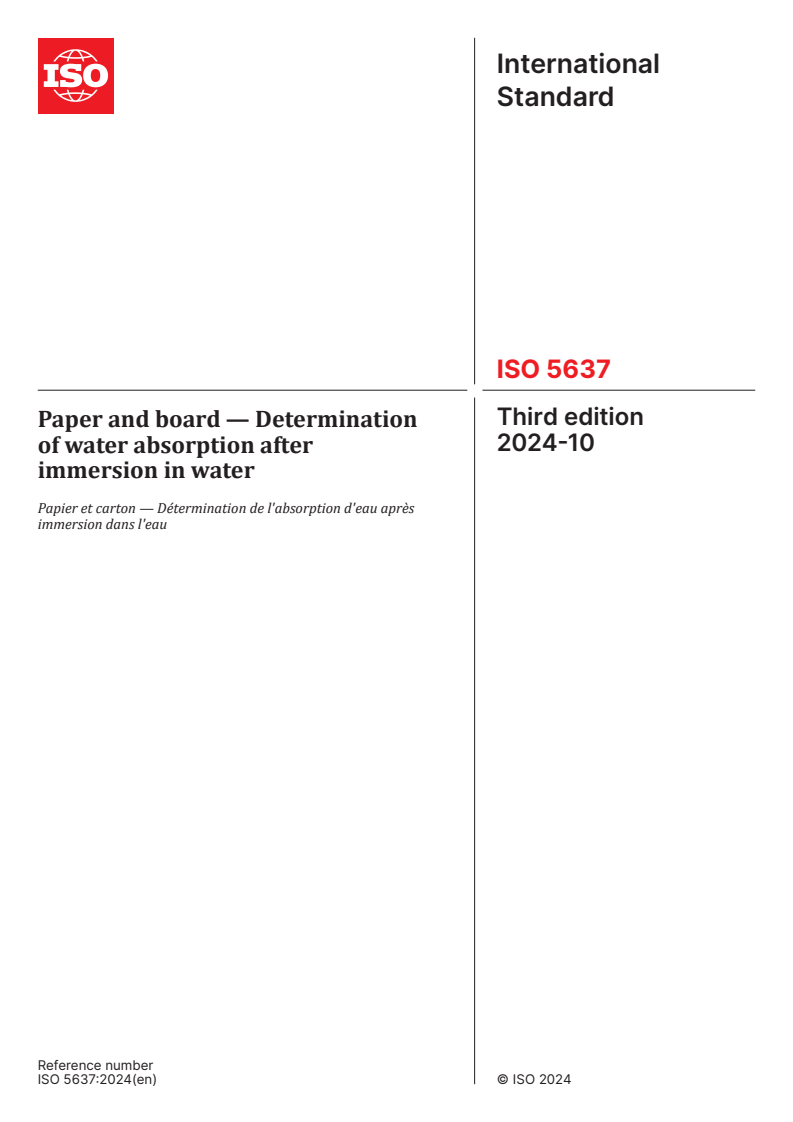 ISO 5637:2024 - Paper and board — Determination of water absorption after immersion in water
Released:2. 10. 2024