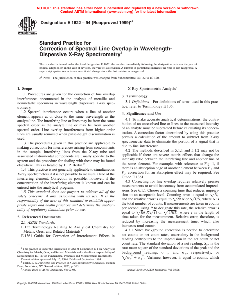 ASTM E1622-94(1999)e1 - Standard Practice for Correction of Spectral Line Overlap in Wavelength-Dispersive X-Ray Spectrometry (Withdrawn 2006)