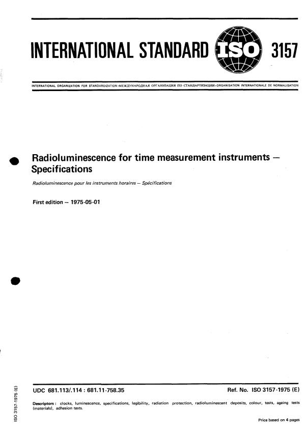 ISO 3157:1975 - Radioluminescence for time measurement instruments -- Specifications