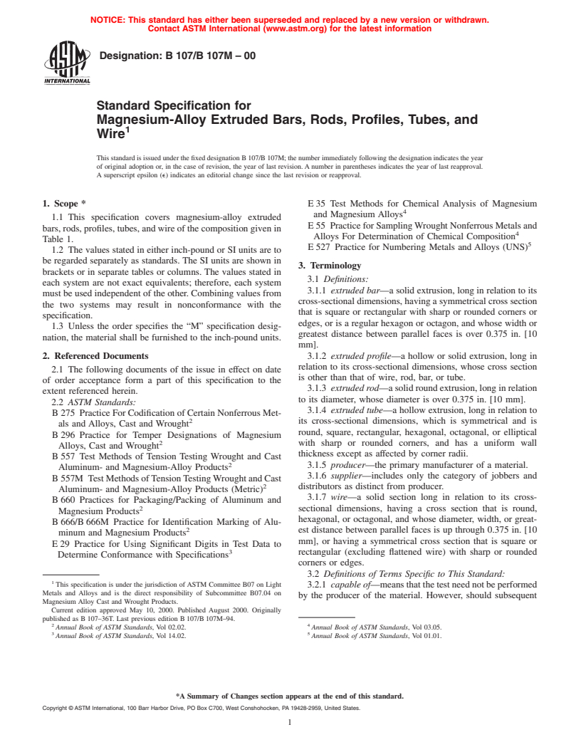 ASTM B107/B107M-00 - Standard Specification for Magnesium-Alloy Extruded Bars, Rods, Profiles, Tubes, and Wire