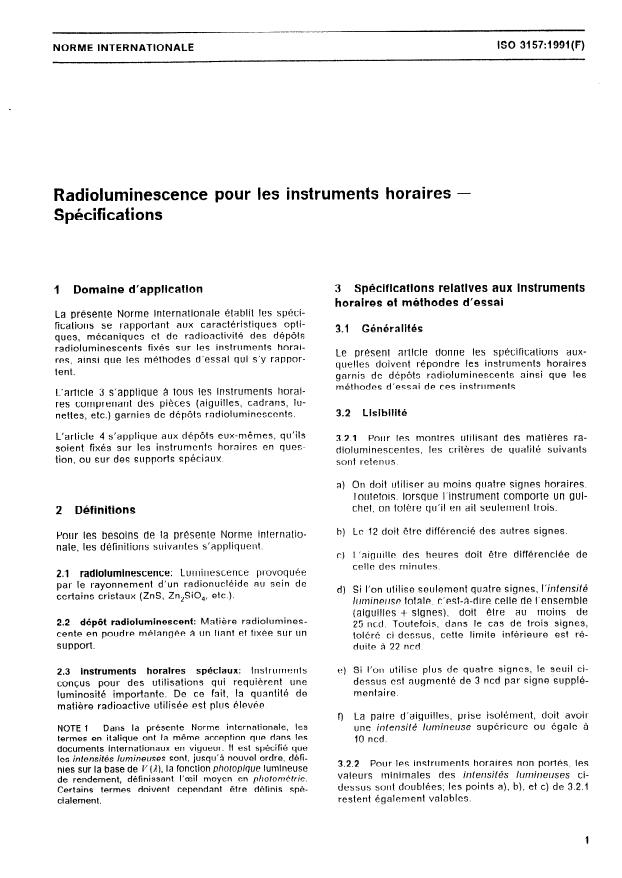 ISO 3157:1991 - Radioluminescence pour les instruments horaires -- Spécifications