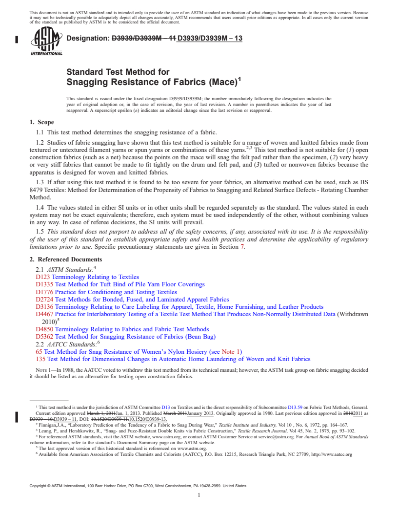 REDLINE ASTM D3939/D3939M-13 - Standard Test Method for  Snagging Resistance of Fabrics (Mace)