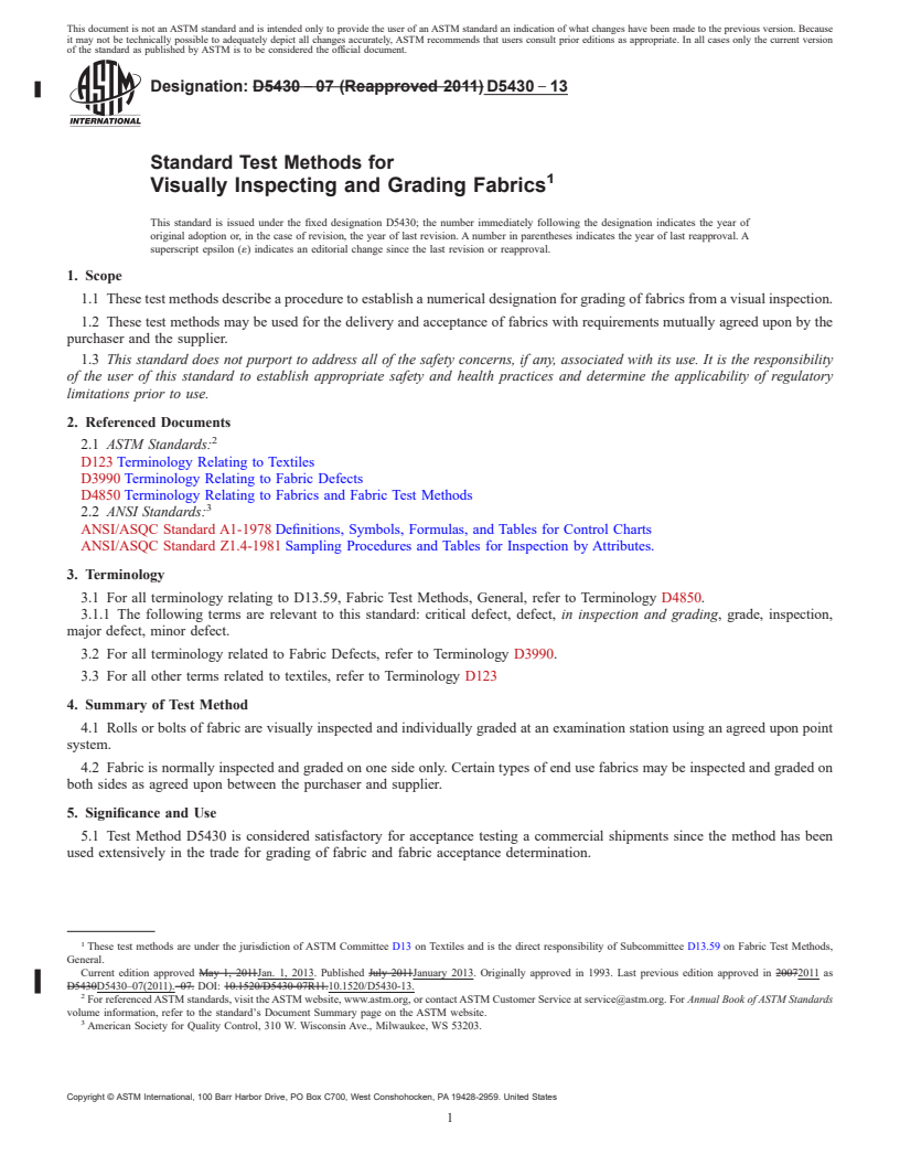 REDLINE ASTM D5430-13 - Standard Test Methods for  Visually Inspecting and Grading Fabrics