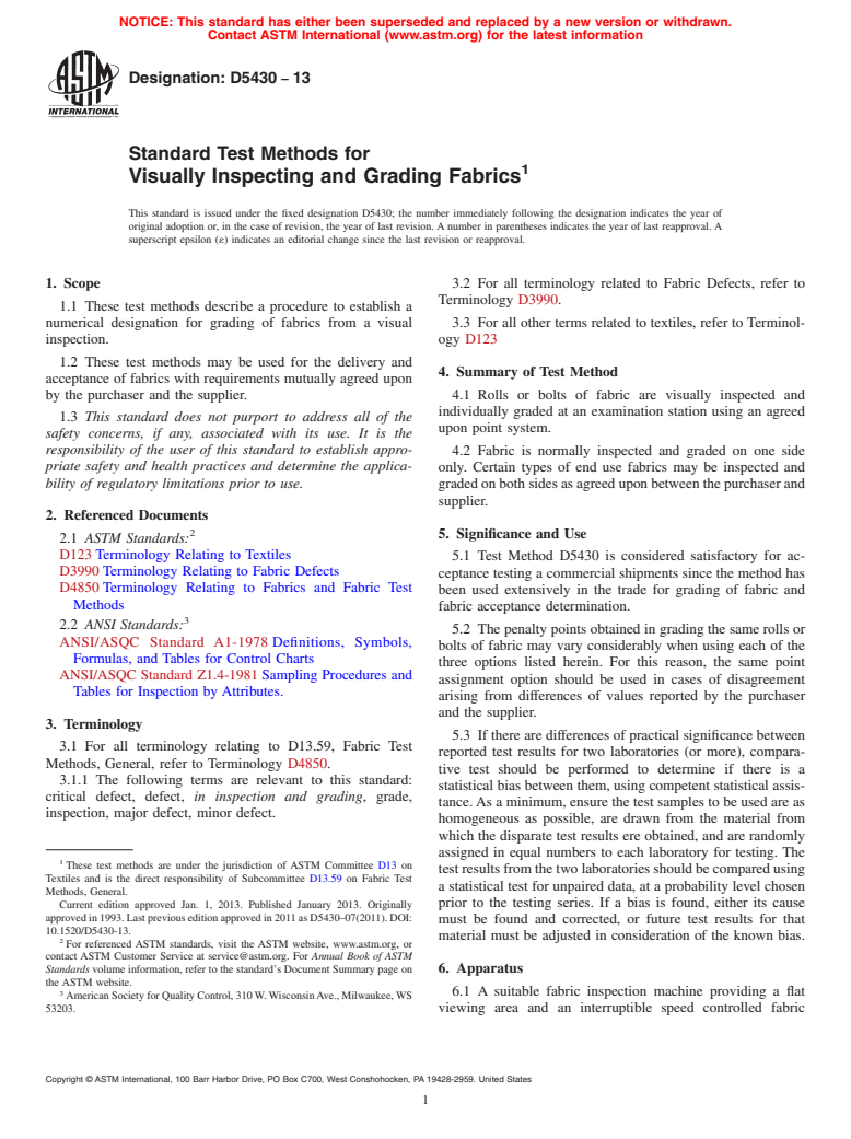 ASTM D5430-13 - Standard Test Methods for  Visually Inspecting and Grading Fabrics