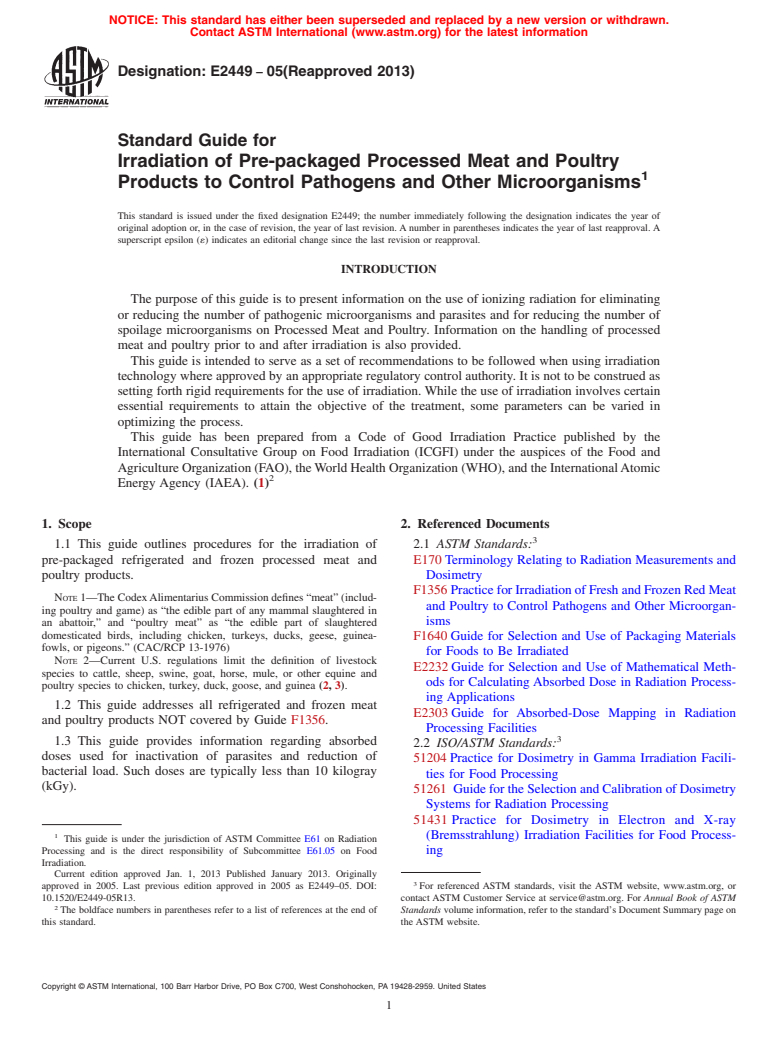 ASTM E2449-05(2013) - Standard Guide for Irradiation of Pre-packaged Processed Meat and Poultry Products to Control Pathogens and Other Microorganisms (Withdrawn 2016)