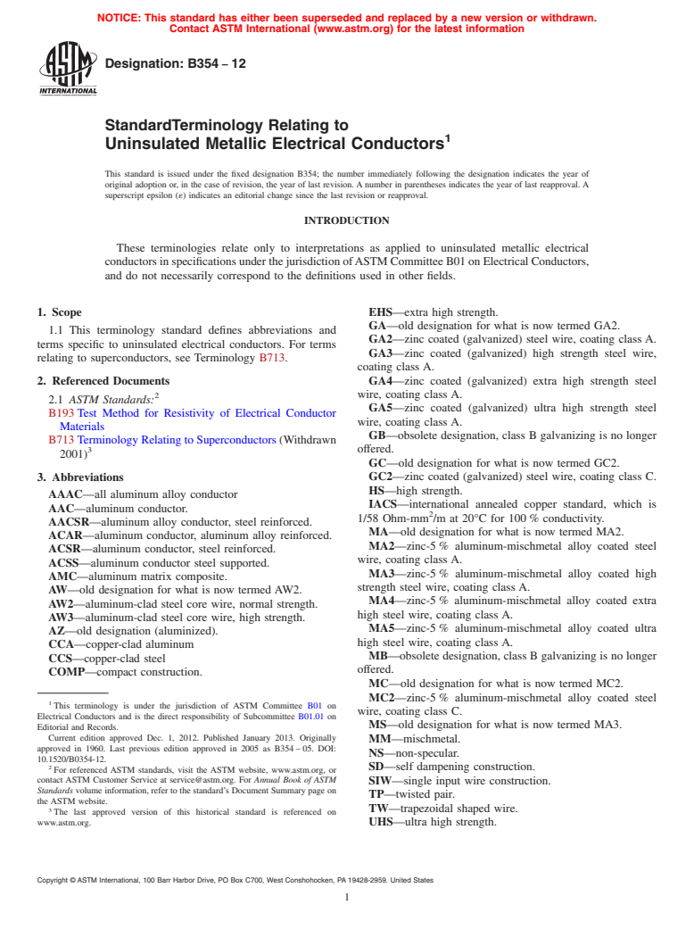 ASTM B354-12 - Standard Terminology Relating to  Uninsulated Metallic Electrical Conductors