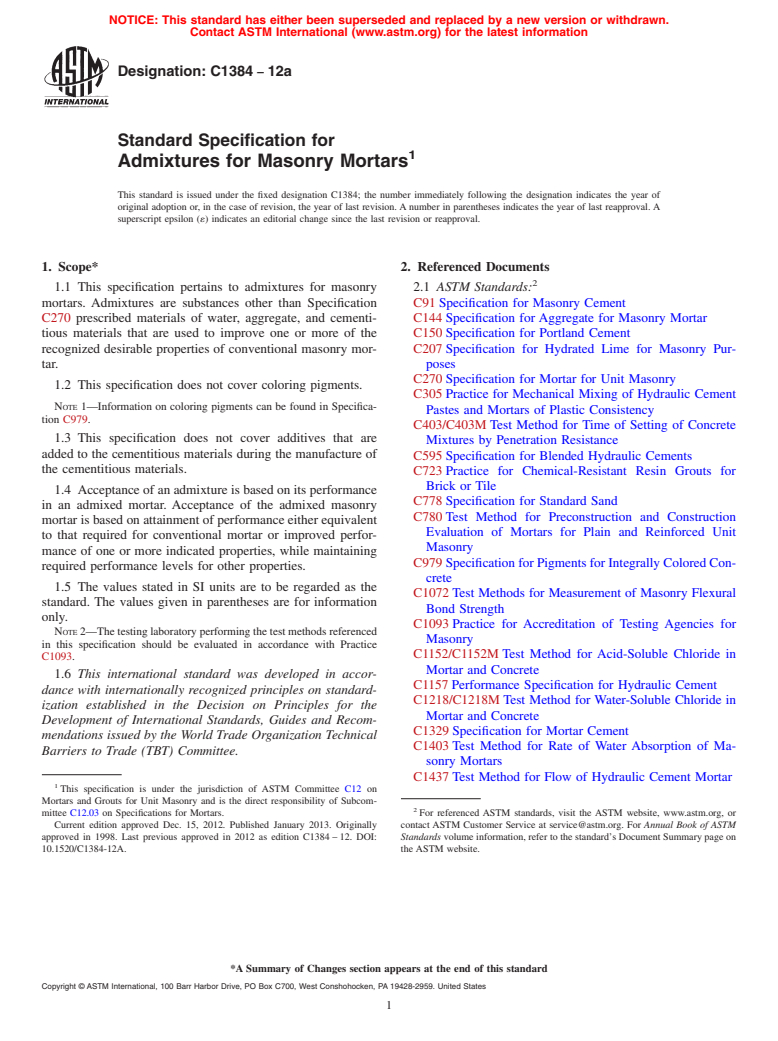 ASTM C1384-12a - Standard Specification for Admixtures for Masonry Mortars