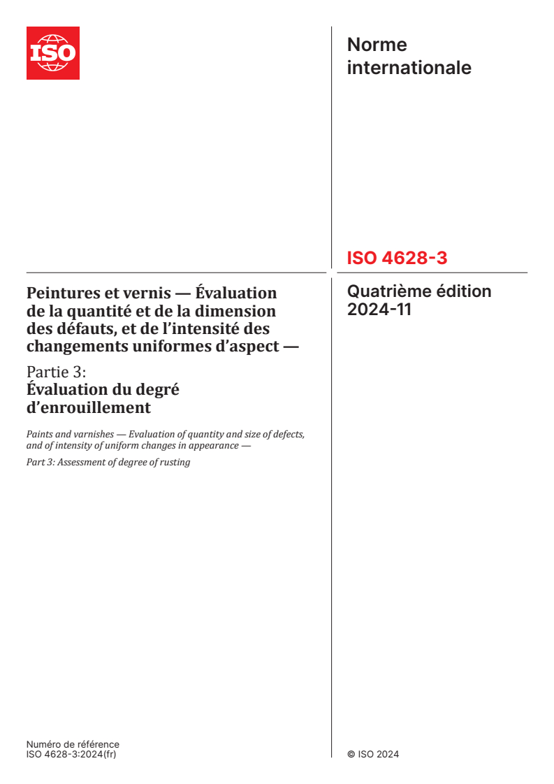 ISO 4628-3:2024 - Peintures et vernis — Évaluation de la quantité et de la dimension des défauts, et de l’intensité des changements uniformes d’aspect — Partie 3: Évaluation du degré d’enrouillement
Released:11/13/2024